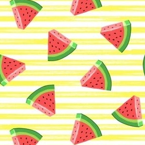 (small scale) watermelons (red on yellow stripes)- summer fruit fabric - C23