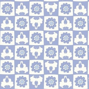 Butterfly retro floral checkerboard cornflower blue small scale by Jac Slade