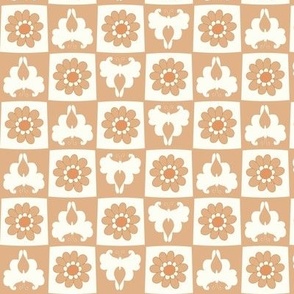 Butterfly retro floral checkerboard honey brown small scale by Jac Slade