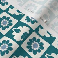 Butterfly retro floral checkerboard teal blue Small Scale by Jac Slade