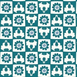 Butterfly retro floral checkerboard teal blue Small Scale by Jac Slade