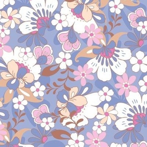 Retro floral blooms pink blue lilac brown regular scale by Jac Slade