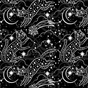 Starry Night Kitties Wallpaper Black & White