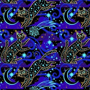 Starry Night Kitties Wallpaper Blue _ Gold