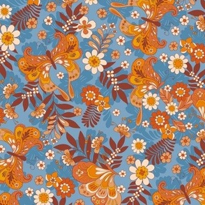Retro Butterflies and flowers blue brown orange yellow regular scale by Jac Slade