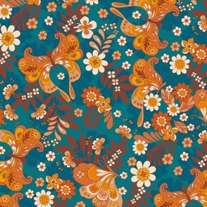 Retro Butterflies and flowers teal brown orange yellow regular Scale by Jac Slade