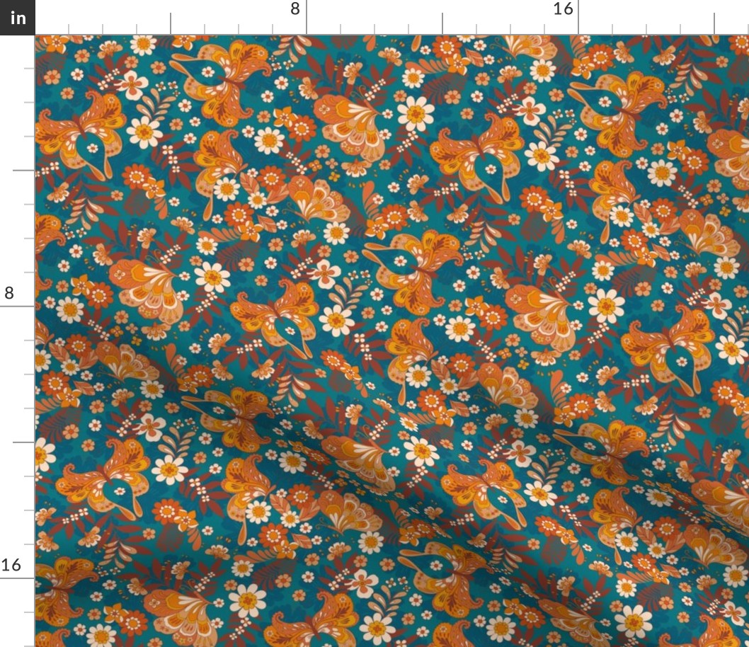 Retro Butterflies and flowers teal brown orange yellow regular Scale by Jac Slade