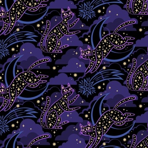 starlight kitties fabric in purple