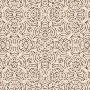 Cohesion 28-03: Retro Faux-Textured, Faux-Aged Tropical and Botanical Snub Square Seamless Pattern (Tan, Black, Light Brown)