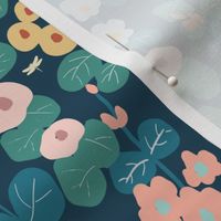 Moody whimsical flowers and insects, hollyhocks, moths , butterflies and  dragonflies //Medium scale//Wallpaper//Home decor//Fabric