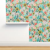 Hummingbird Floral Garden, Whimsy Wallpaper - Light Blue