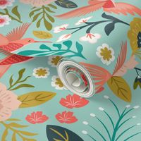 Hummingbird Floral Garden, Whimsy Wallpaper - Light Blue