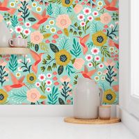 Hummingbird Floral Garden, Whimsy Wallpaper - Light Blue