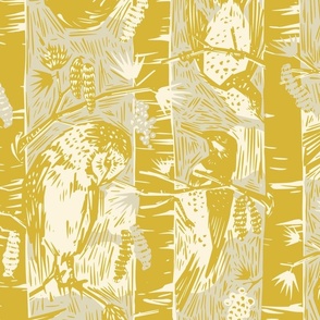 Woodcut Whimsy — Jumbo Scale — Mustard Yellow and Neutral Gray ©TaraLanglois
