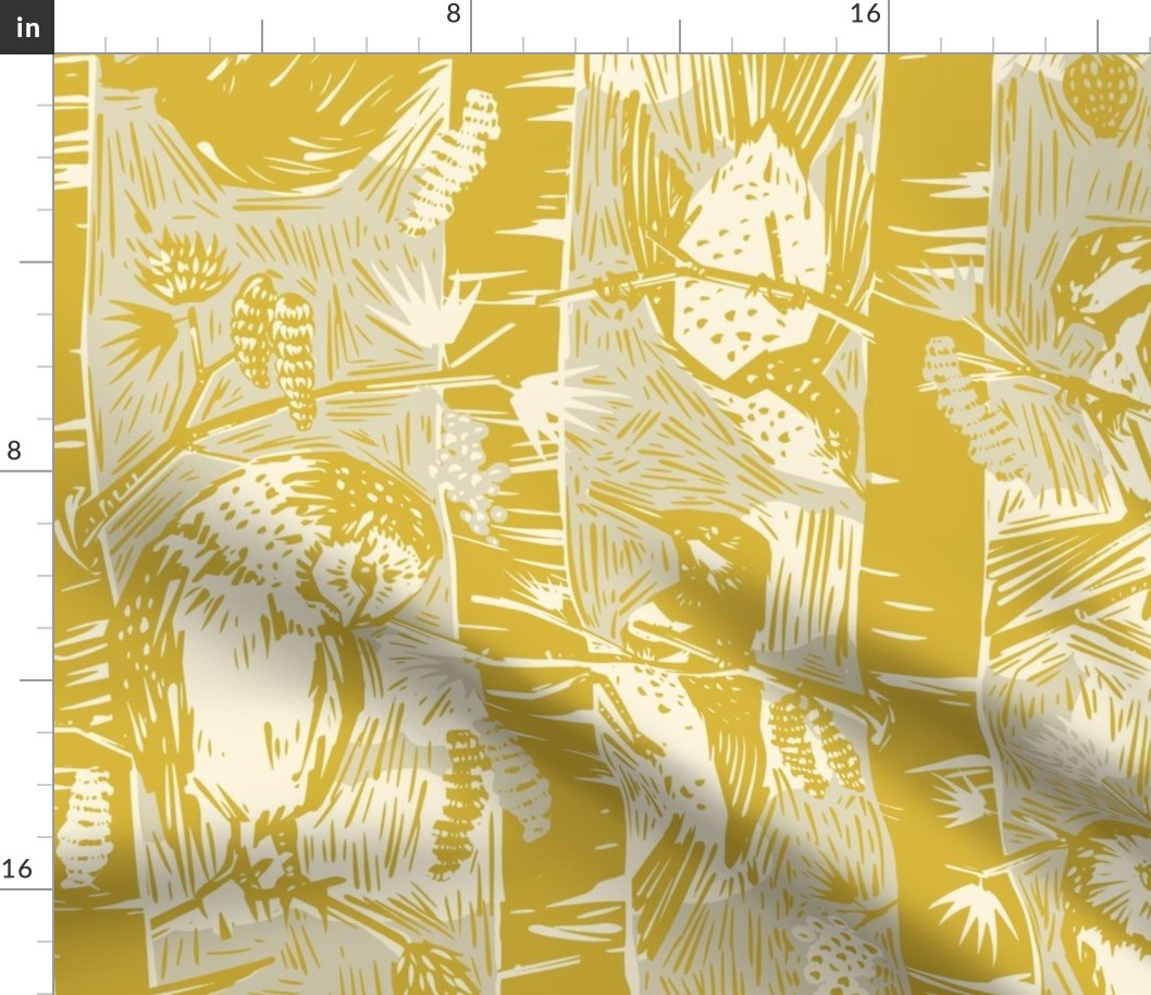 Woodcut Whimsy — Jumbo Scale — Mustard Yellow and Neutral Gray ©TaraLanglois