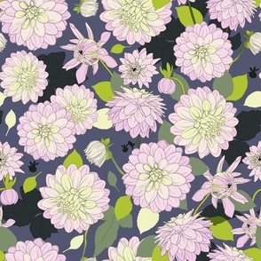 Light pink flowers on a navy background with lime green leaves