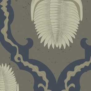Large Prehistoric Trilobites Fossils in an Ogee Pattern with a Crocodile Khaki Brown Background