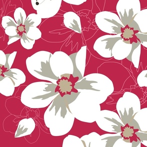 extra large print // Magnolia Cats and Dogs Viva magenta red with white flowers hidden cat and dog