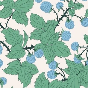 Small Vintage Blue Wild Berry Brambles with Dark Sea Green Leaves