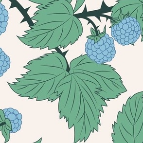 Medium Vintage Blue Wild Berry Brambles with Dark Sea Green Leaves