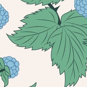 Large Vintage Blue Wild Berry Brambles with Dark Sea Green Leaves