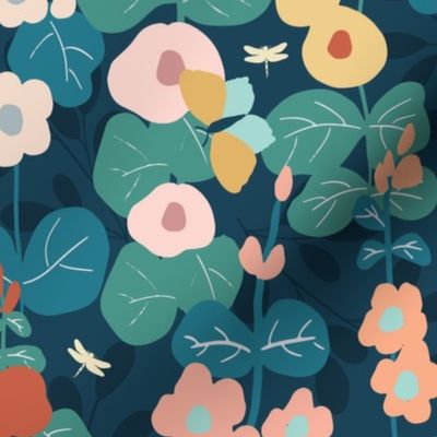 Moody whimsical flowers and insects, hollyhocks, moths , butterflies and  dragonflies //Large scale//Wallpaper//Home decor//Fabric