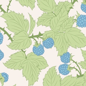 Large Vintage Blue Wild Berry  Brambles with Lime Green Leaves