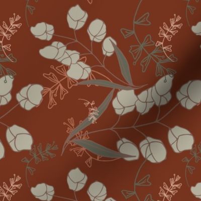 Cotton_floral_leaves_mahogany_red chocolate medium scale 