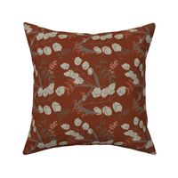 Cotton_floral_leaves_mahogany_red chocolate medium scale 