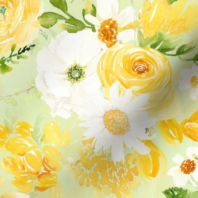 Hand Painted Watercolor Baby Girl Yellow Spring Flower Bouquet Garden - With Tulips, Roses, Daisies, Anemones, on light green double layer