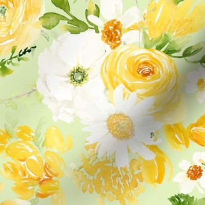 18" Hand Painted Watercolor Baby Girl Yellow Spring Flower Bouquet Garden - With Tulips, Roses, Daisies, Anemones, on light green