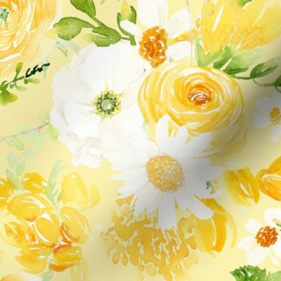 18" Hand Painted Watercolor Baby Girl Yellow Spring Flower Bouquet Garden - With Tulips, Roses, Daisies, Anemones, on sunny yellow