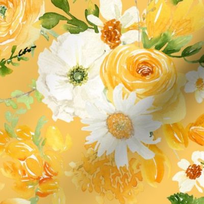 18" Hand Painted Watercolor Baby Girl Yellow Spring Flower Bouquet Garden - With Tulips, Roses, Daisies, Anemones, on sunny orange