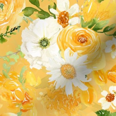 18" Hand Painted Watercolor Baby Girl Yellow Spring Flower Bouquet Garden - With Tulips, Roses, Daisies, Anemones, on sunny orange double layer