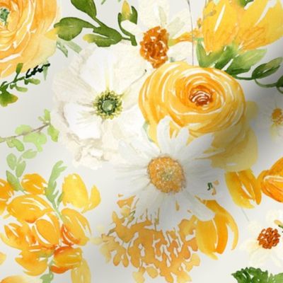 18" Hand Painted Watercolor Baby Girl Yellow Spring Flower Bouquet Garden - With Tulips, Roses, Daisies, Anemones, on off white 