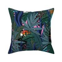 Small Scale Tropical jungle tiger, black panther, leopard and tucan pink background.