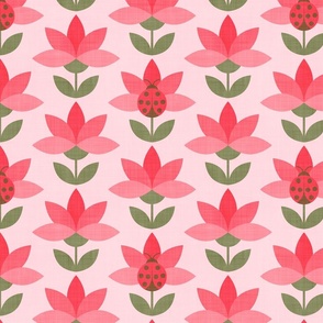 Flowers and Ladybug Retro Whimsical Geometric Floral Pattern in Pink, Red and Green