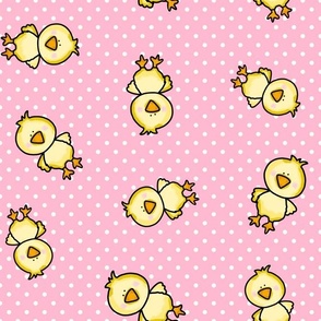 Large Scale Yellow Chicks and Polkadots Baby Bunny Easter Nursery Coordinate in Pink