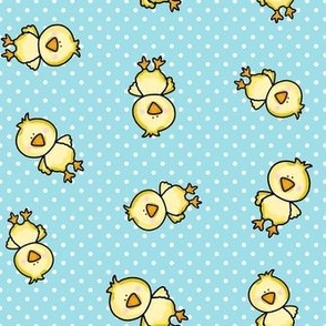 Medium Scale Yellow Chicks and Polkadots Baby Bunny Easter Nursery Coordinate in Blue