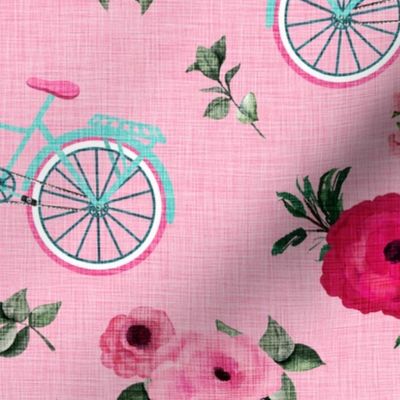 Bikes and Flowers on Pink Antique Style Bikes with Baskets