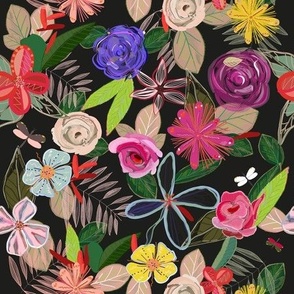 Vivid colorful botanical flowers pattern with black background