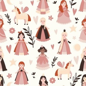 Small scale // Once upon a time // natural white background monochromatic cute fairy tale princesses and unicorns in dry pink coral and brown oak