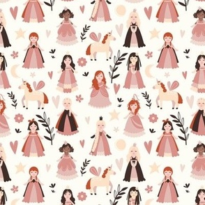 Tiny scale // Once upon a time // natural white background monochromatic cute fairy tale princesses and unicorns in dry pink coral and brown oak