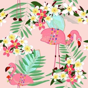 Tropical pattern with frangipani and flamingo