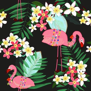 Tropical Pattern With Frangipani and Flamingo black