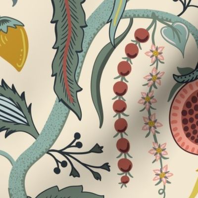 Tree of Life - dining room wallpaper - spring garden fruit and flowers, Indian floral with birds and snake on cream - jumbo