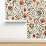 Tree of Life - dining room wallpaper - spring garden fruit and flowers, Indian floral with birds and snake on cream - jumbo