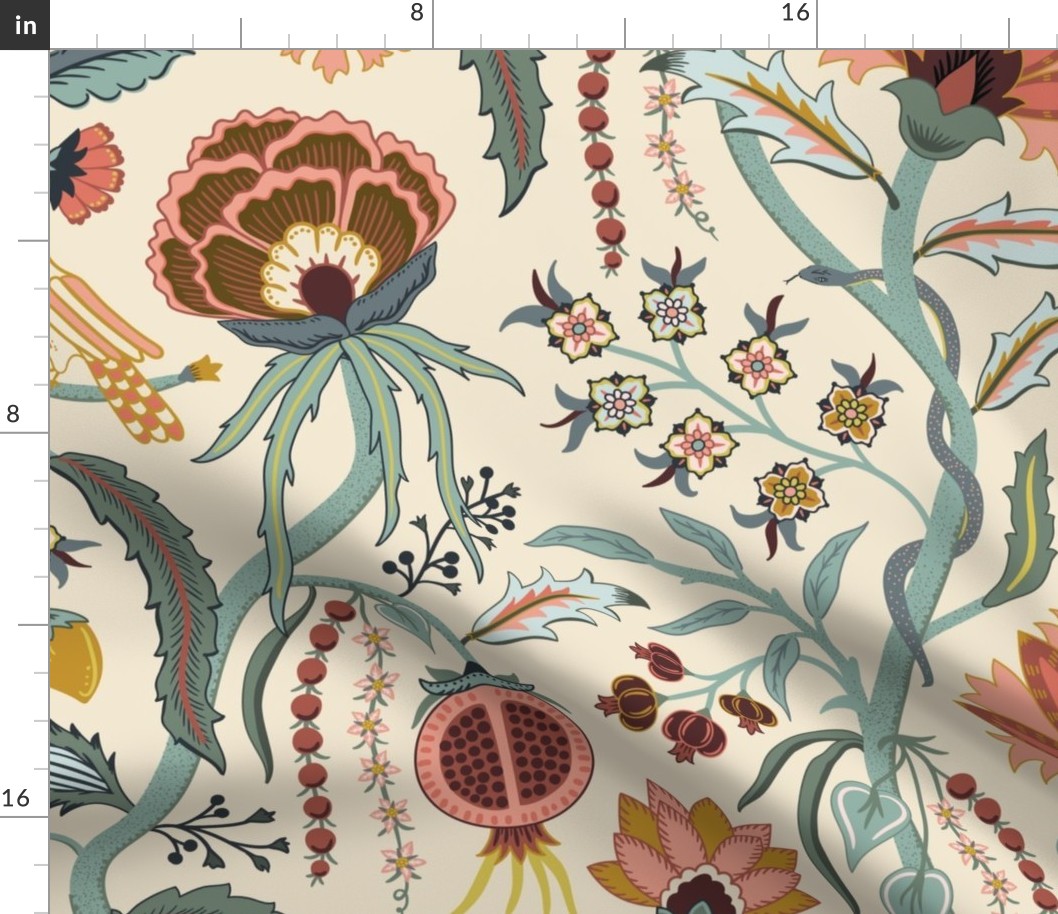 Tree of Life - dining room wallpaper - spring garden fruit and flowers, Indian floral with birds and snake on cream - jumbo