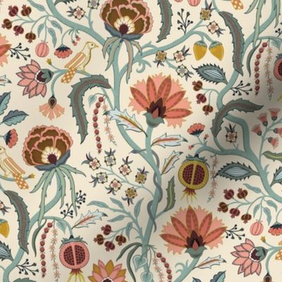 Tree of Life - spring garden fruit and flowers, Indian floral with birds and snake on cream - medium