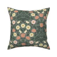 Spring garden Japanese Anemone flowers - art and crafts style botanical - cream, mimosa yellow, peach on sage green - medium